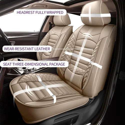 Vista 4 de 2 fundas de asiento delantero para Volkswagen Jetta 2007-2025: piel sintética, suave, cómoda, duradera, impermeable (2 asientos delanteros, beige)