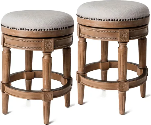 Vista 13 de Maven Lane Pullman Taburete de mostrador sin espalda de 26 pulgadas, juego de 2 taburetes giratorios con reposapiés, marco de madera maciza marrón