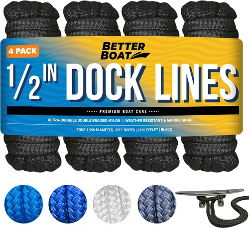 Vista 10 de Líneas de muelle para barcos de 1/2 pulgada x 25 pies, paquete de 2 cuerdas de nailon trenzado doble con bucle de 12 pulgadas, línea de amarre