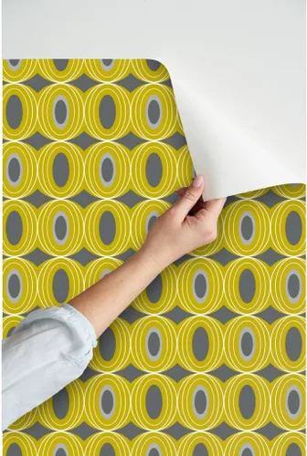 Vista 3 de Peel & Stick Wallpaper Swatch - Retro Geometric Mid Century Modern Yellow Gray Scale Geo Circles Vintage Custom Removable Wallpaper by Spoonflower