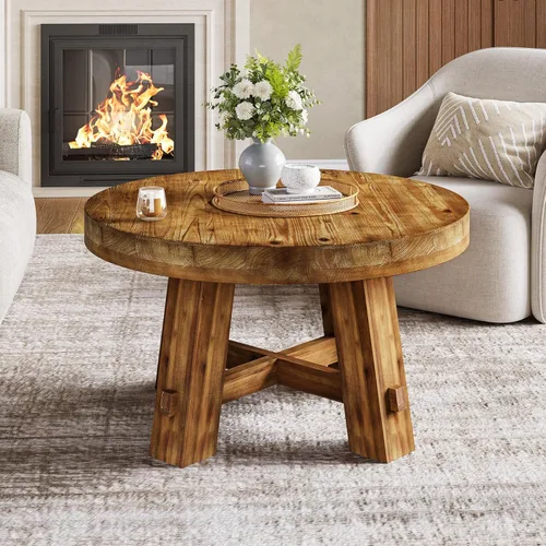 Vista 6 de Mesa auxiliar redonda de 31.5 pulgadas, mesa central de madera maciza con mesa gruesa (marrón claro)