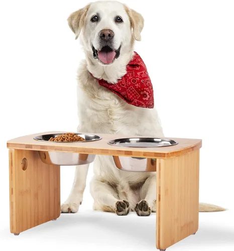 Vista 7 de Cuencos elevados para perros, cuenco elevado de bambú para perros grandes y perros medianos, con 2 cuencos de acero inoxidable