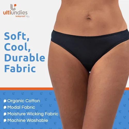 Vista 3 de UltiUndies Bikini Modal - Ropa interior para incontinencia para mujer, bragas reutilizables a prueba de fugas con absorción de luz, para protección