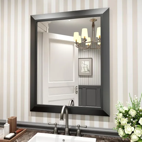 Amorho Espejo de Baño Negro, Espejos de Pared de 24x30 Pulgadas con Marco de Metal Grueso para Sobre el Fregadero, Dormitorio, Sala de Estar,