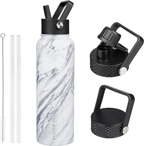 Vista 36 de BJPKPK - Botellas de agua aisladas con tapa de popote, botella de agua de acero inoxidable de 27 onzas con 3 tapas, termo de metal libre de BPA a