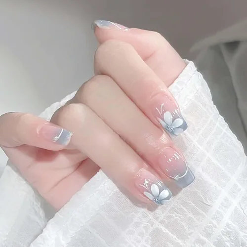 Lindas uñas postizas cortas cuadradas a presión, uñas acrílicas de perlas, puntas de uñas postizas degradadas de cobertura completa, color rosa,