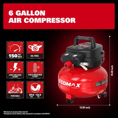 Vista 3 de ECOMAX Compresor de aire 6 galones 150 PSI portátil redondo libre de aceite con kit de accesorios de 10 piezas