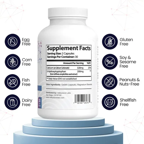 Vista 5 de 5-HTP - Suplemento 5HTP de 200 mg (5-hidroxitriptófano) para apoyar el estado de ánimo más el sueño*, alivio del estrés., 60 cápsulas - suministro