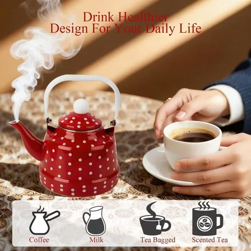 Vista 6 de Estufa de té esmaltada vintage de 1.8 cuartos de galón, tetera esmaltada con manchas rojas y blancas, esmalte en acero y café con asa, hervidor