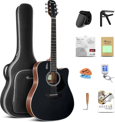 Vista 13 de Rosen Guitarra acústica Dreadnought de tapa sólida de 104 cm con abeto, para principiantes, con libro, bolsa acolchada, cuerdas, púas, llave Negro