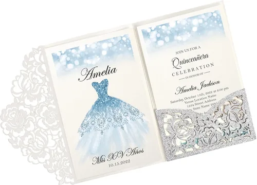 Vista 11 de DORIS HOME 50 piezas Bolsillos de Invitación de Boda Cortados con Láser con Sobres Azules, 5.12" x 7.12" Tarjetas de Invitación para Boda