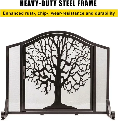 Vista 2 de ROYUMI Pantalla de chimenea en forma de árbol con herramientas, estufa de leña con puertas, accesorios de hierro forjado, cepillo, póker, pala