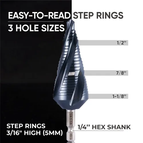 Vista 8 de toolant - Broca de cuatro espirales de cobalto (Pro), broca de paso Unibit lista para impacto, 1/4"-1-1/8", broca de paso hexagonal de 1/4 pulgadas