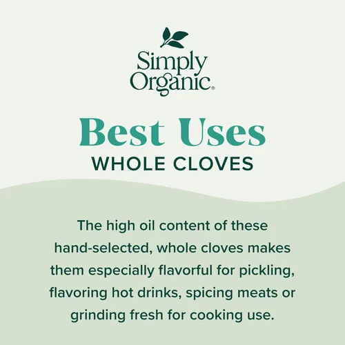 Vista 4 de Simply Organic Clavo entero, tarro de 2.05 onzas, seleccionado a mano, intensamente aromático y rico sabor, sin OMG, sin ETO
