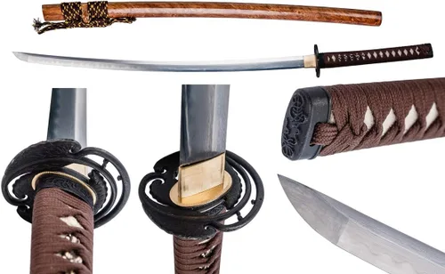 Vista 18 de Handforged Samurai Katana Sword - Damascus/1060/1095 High Carbon Steel, Full Tang, Iron Tsuba, Solid Wood Saya - Real Functional Sharp Blade for
