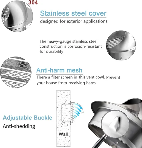 Vista 4 de Salida de ventilación de pared de acero inoxidable 304 de ventilación duradera de 2 a 11 pulgadas, cubierta de ventilación redonda para extractor
