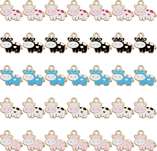 Hicarer 50 dijes de vaca coloridos esmaltados lindos colgantes para hacer joyas, aretes, collares, dijes para pulseras, collares, aretes, llavero,