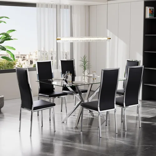 Vista 9 de Juego de 4 mesas de comedor de cristal negro, mesa de cocina minimalista moderna de 47 pulgadas con 4 sillas de comedor clásicas negras y plateadas