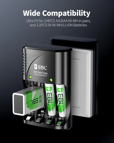 Vista 2 de EBL Baterías recargables AAA 4 paquetes, cargador de baterías con enchufe de CA plegable para baterías recargables AA AAA 9V Ni-MH Ni-CD