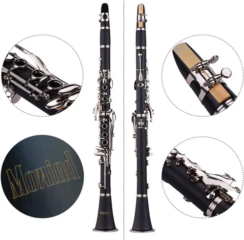 Vista 4 de Clarinete plano Bb - Instrumento de viento de madera para estudiantes principiantes de 17 teclas con 2 barriles y estuche de transporte, incluye kit