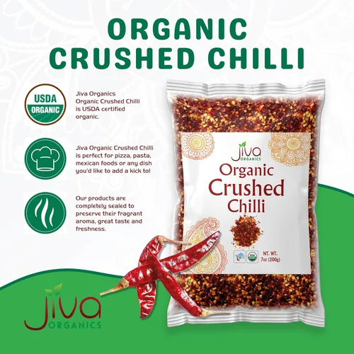 Vista 3 de Jiva Organic Chili Flakes Bolsa de 7 onzas – Pimiento rojo triturado de calor medio, 100% natural y sin OMG