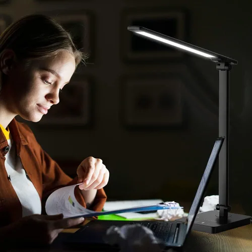 Vista 6 de Lámpara de escritorio LED para cuidado de los ojos, lámpara de mesa regulable con 2 puertos de carga USB y 10 niveles de brillo x 5 modos