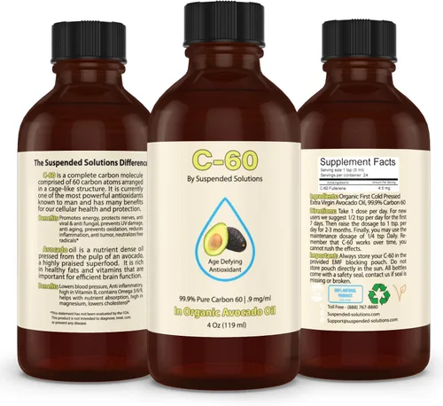 Vista 3 de Aguacate C-60 - 4oz -99.9% puro C-60 en aceite de aguacate virgen extra orgánico - 100% libre de disolventes - 108mg Active C60 - Botella de vidrio