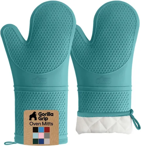 Vista 36 de GORILLA GRIP - Juego de guantes de horno de silicona suave sin BPA, guantes de cocina resistentes al calor e impermeables, forro de algodón grueso