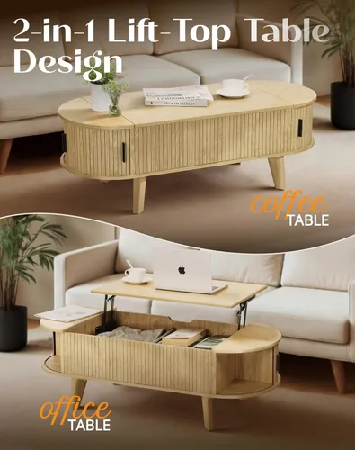Vista 6 de Mesa de café ovalada con almacenamiento, mesa de centro elevable de 47.2" para la sala de estar, mesa central moderna de madera estriada con puerta