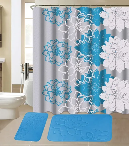 Vista 9 de Juego de 15 piezas de tapetes de baño de espuma viscoelástica con cortina de ducha a juego