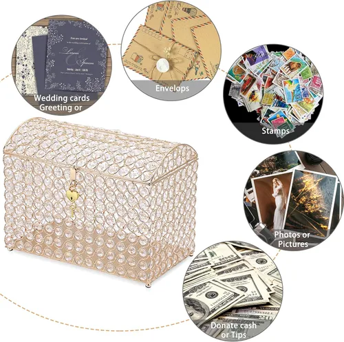 Vista 7 de ELLDOO Caja de tarjetas de boda de cristal con cerradura de corazón, caja de tarjetas de dinero, estilo cofre del tesoro, regalo dorado