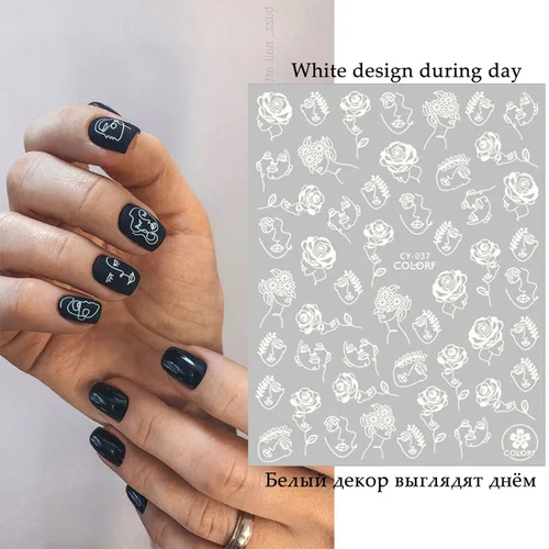 Vista 2 de Calcomanías abstractas para arte de uñas, holográficas, luminosas, 3D, autoadhesivas, hojas, flores, hojas, niñas, luna, decoración de uñas