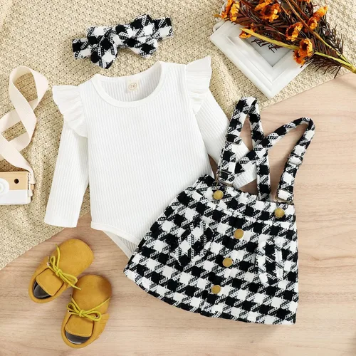 Vista 6 de KAGAYD Conjunto de ropa de otoño e invierno para bebé niña, mameluco acanalado de manga larga con estampado a cuadros, faldas con tirantes
