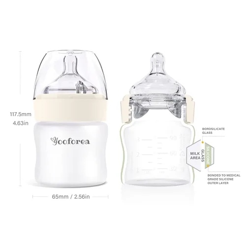 Vista 2 de Yooforea Biberón de vidrio recubierto de silicona, 0 M+ pezón de flujo lento I anticólicos, cuello ancho, base estable I revestimiento de silicona Té