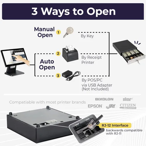 Vista 5 de Volcora Cajón de caja registradora de 13" para sistema de punto de venta (POS), Bandeja de efectivo de 4 billetes y 5 monedas, Cajones delanteros
