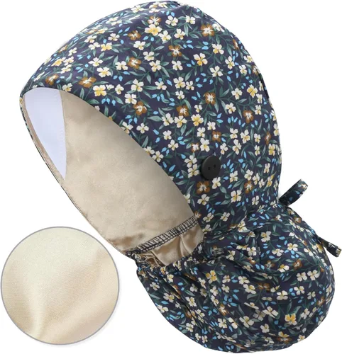 Vista 23 de Gorra médica con forro de satén con bolsillo para cola de caballo, gorro de enfermera médica de algodón con banda elástica para el sudor