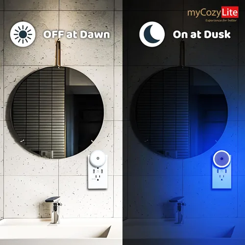 Vista 9 de Luz nocturna LED azul, enchufable, sensor inteligente del atardecer al amanecer, luz nocturna redonda pequeña, ahorro de energía, luz nocturna