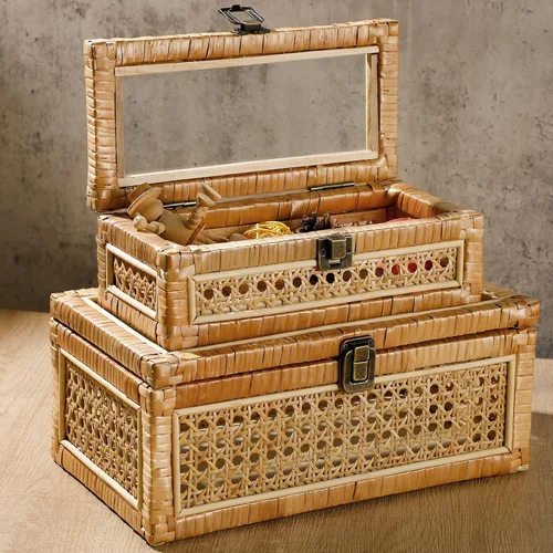 Juego de 2 cajas decorativas de ratán bohemio con tapa de vidrio, cajas apilables rectangulares de caña tejida para exhibir cestas rústicas de