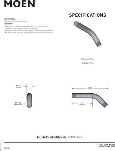 Vista 3 de Moen Brazo de ducha con conexiones IPS de 1/2 pulgada, 6 pulgadas, níquel cepillado, 10154BN