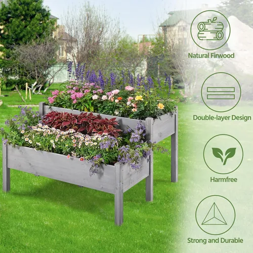 Vista 6 de Yaheetech Cama de jardín elevada de madera de 47 x 41 x 30 pulgadas, para horticultura, para exteriores, 2 niveles, maceta elevada para hierbas
