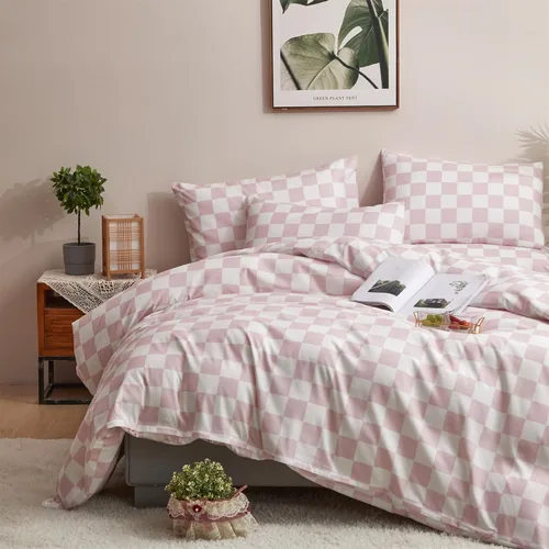 Vista 69 de CLOTHKNOW Juego de edredón de 3 piezas a cuadros color beige óxido, tamaño Full, juego de ropa de cama de cuadros edredón terracota con 2 fundas