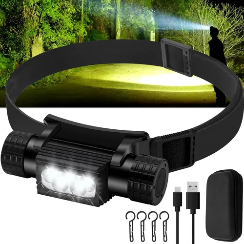 Linterna frontal recargable, 2000 lúmenes, lámpara LED súper brillante para adultos, IP67 impermeable recargable con 9 modos, linterna de cabeza con