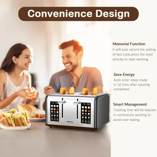 Vista 5 de Mecity Tostadora de 4 rebanadas con control de pantalla táctil, 4 ranuras anchas, tostadora de pan inteligente de acero inoxidable para bagels