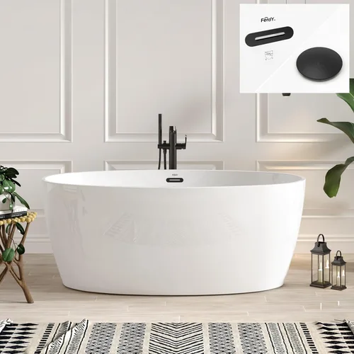 Vista 29 de FerdY Tahití - Bañera de acrílico independiente de 55 pulgadas, elegante bañera de remojo de forma ovalada, blanco brillante, drenaje dorado