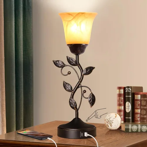 Vista 2 de Lámpara de mesa con control táctil con 2 puertos de carga USB, lámparas de mesita de noche regulables de 3 vías, pantalla de vidrio ámbar, lámpara