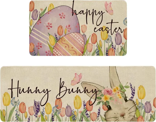 Vista 11 de Juego de 2 alfombras y tapetes de cocina de Pascua, diseño de primavera con texto en inglés «Hello My Peeps», diseño de conejito de pollito