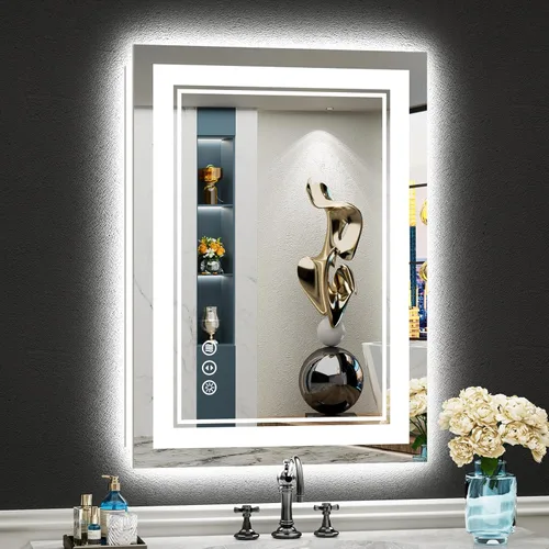 Vista 17 de Espejo de baño LED de 48 x 30 pulgadas con luces, retroiluminado + frontal iluminado, espejo de tocador con luz antiniebla para pared de baño con 3