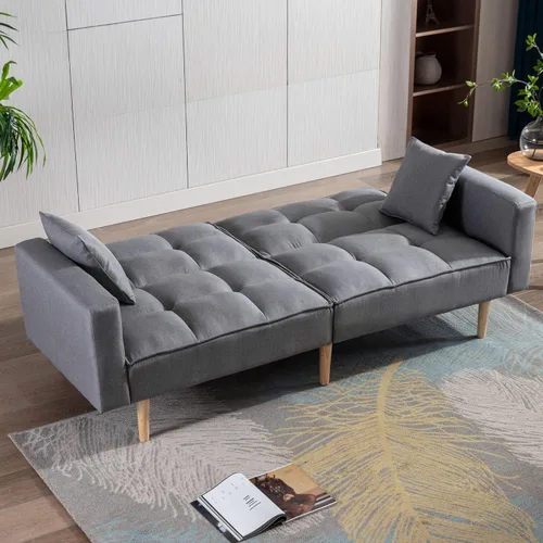 Vista 7 de civama Sofá cama futón de tela moderna, tamaño individual, sofá convertible de 76 pulgadas con 2 almohadas, sofá de lino con patas de madera maciza