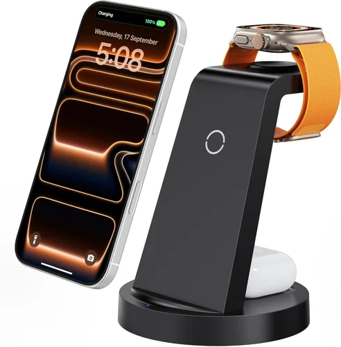 Vista 9 de Estación de carga 3 en 1 para iPhone, cargador inalámbrico para iPhone 17 16e 16 15 14 13 12 11 X Pro Max y Apple Watch - Base de carga para AirPods