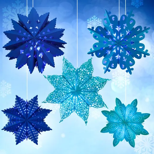 Vista 8 de Mudder 5 Piezas Faroles Grandes de Papel de Copo de Nieve de Navidad con 7 Luces de 23.6/17.7 Pulgadas Papel de Estrella Lámpara Colgante 3D
